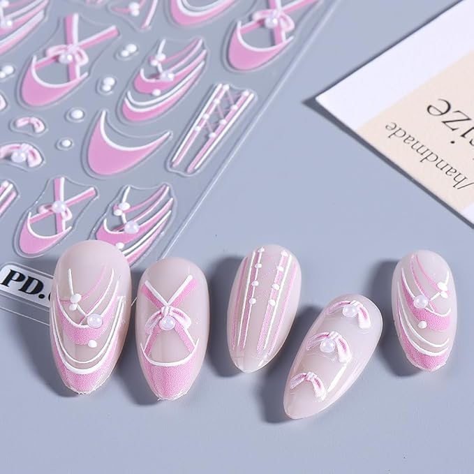 3 Sheets French Bow Nail Stickers for Nail Art, 3D Self-Adhesive Pink Purple Bow French Nail Decals, French Nail Supplies Nail Art Designs Accessories for Women and Girls Manicure DIY Decoration