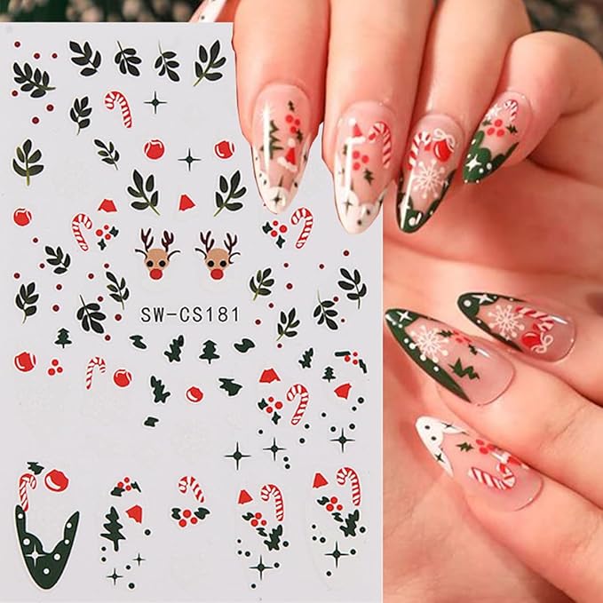 Christmas Nail Art Stickers Decals Holly Leaf Candy Cane Design 3D Self-Adhesive Xmas Nail Art Supplies Decals 6PCS Snowflakes Bow Star Ball Christmas Stickers for Nails Holiday Manicure Decorations