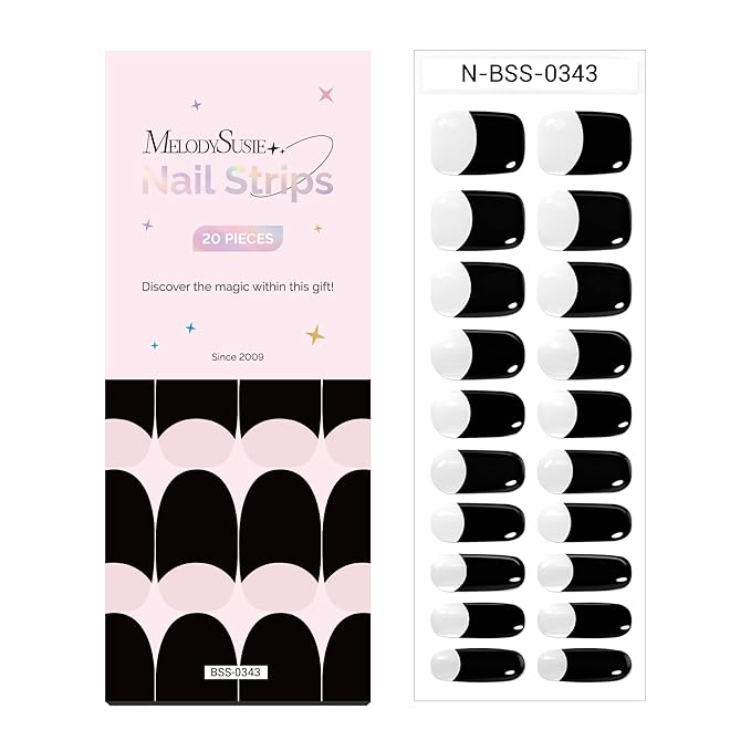 MelodySusie Semi Cured Gel Nail Strips (Black French Tips), 20 PCS Classic Nail Stickers, UV Light Required, Durable and Salon Quality