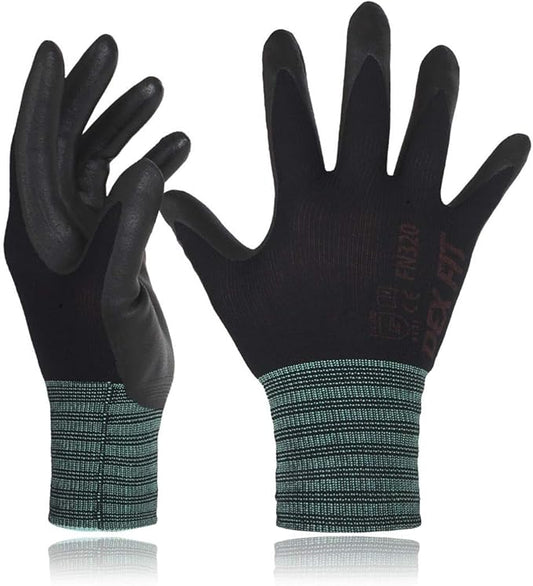 DEX FIT Nylon Work Gloves FN320, 3D Comfort Fit, Power Grip, Lightweight, Touchscreen for Men & Women, Breathable & Flexible for Yard Work DIY Mechanic Warehouse; Black 8 (M)
