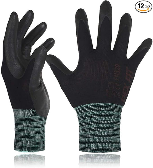 DEX FIT Nylon Work Gloves FN320, 3D Comfort Fit, Power Grip, Lightweight, Touchscreen for Men & Women, Breathable & Flexible for Yard Work DIY Mechanic Warehouse; Black 10 (XL) 12 Pairs