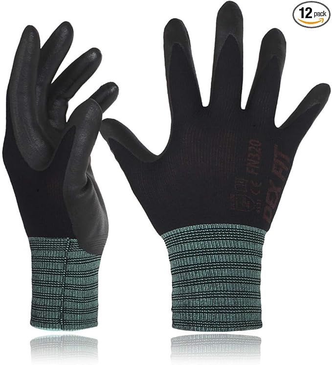 DEX FIT Premium Nylon Nitrile Work Gloves FN320, 12 Pairs, 3D-Comfort Stretchy Fit, Firm Grip, Thin & Lightweight, Durable, Breathable & Cool, Machine Washable; Black 7 (S)