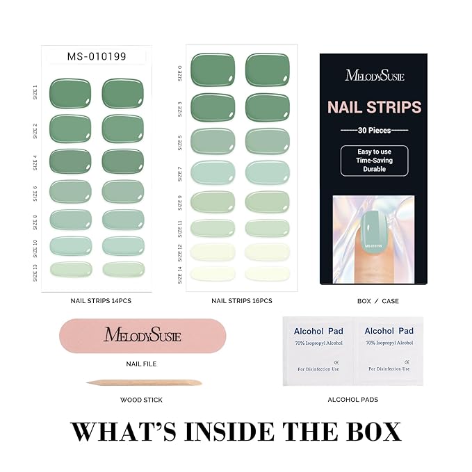 MelodySusie 30PCS Semi Cured Gel Nail Strips (Green Harmony), Works with Lamp, Salon Quality, Long Lasting, Easy to Apply and Remove, Includes 2 Prep Pads, Nail File & Wooden Stick
