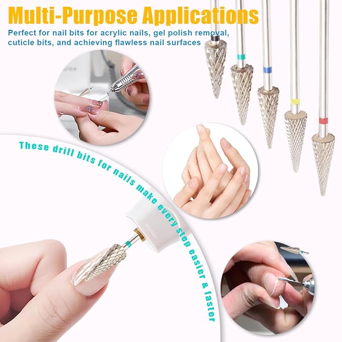5Pcs Tungsten Carbide Nail Drill Bits Set, 3/32" Shank Fine Drill Bit for Acrylic Nails, XC, C, M, F, XF, 5 in 1 Drill Bits for Nail Care, Gel Removal, Cuticle Polishing