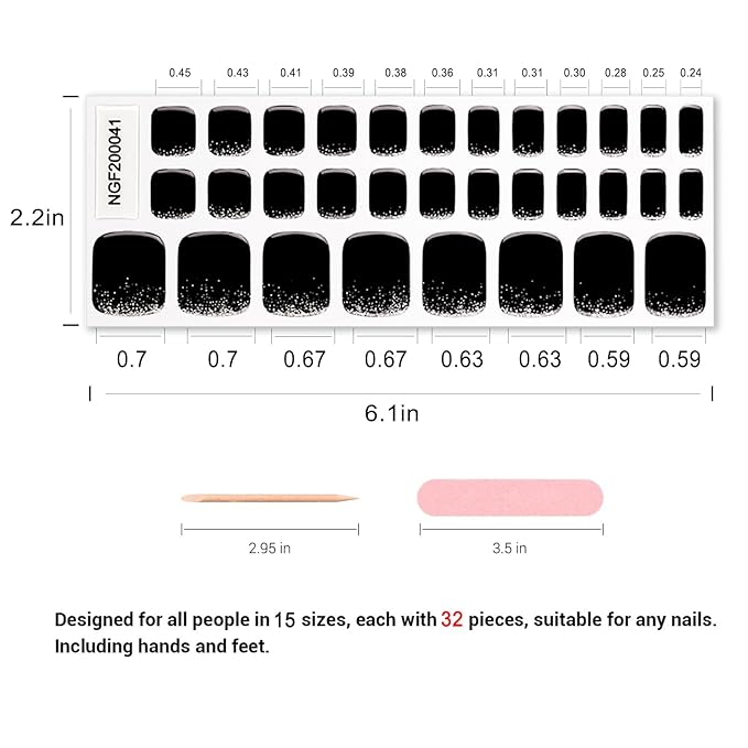 Semi Cured Gel Toenail Strips, 32 Silver Black Gel Toenail Stickers - Works with Any UV Lamps Pedicure Strips Full Nail Wraps with Nail File & Wood Stick