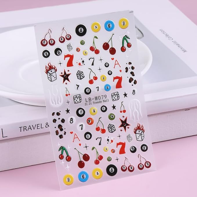 4 Sheets Pool & Dice Nail Art Stickers Decals, Cute Cartoon Style Dice Billiard Numbers Cherry Star Nail Art Design 5D Embossed Self-Adhesive Nail Decals Manicure Decorations for Women Girls