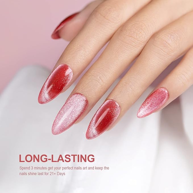 RARJSM Cat Eye Gel Nail Polish Nude Red 9D Cateye Galaxy Universal Glitter Shimmer Velvet Ice Gel Polish 15ml Single Bottle with Magnetic Stick UV LED Curing Requires Soak Off Home Salon DIY Manicure