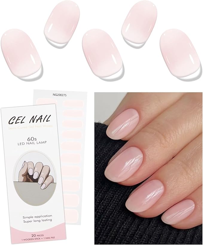 JMEOWIO Gel Nail Stickers Cream Light Pink Semi Cured Gel Nail Strips Wraps UV/LED Nails Art Design Decoration Accessories