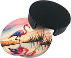 6 Pcs Pink Cute Flamingo Modern Art Boho Leather Coasters - Image 4