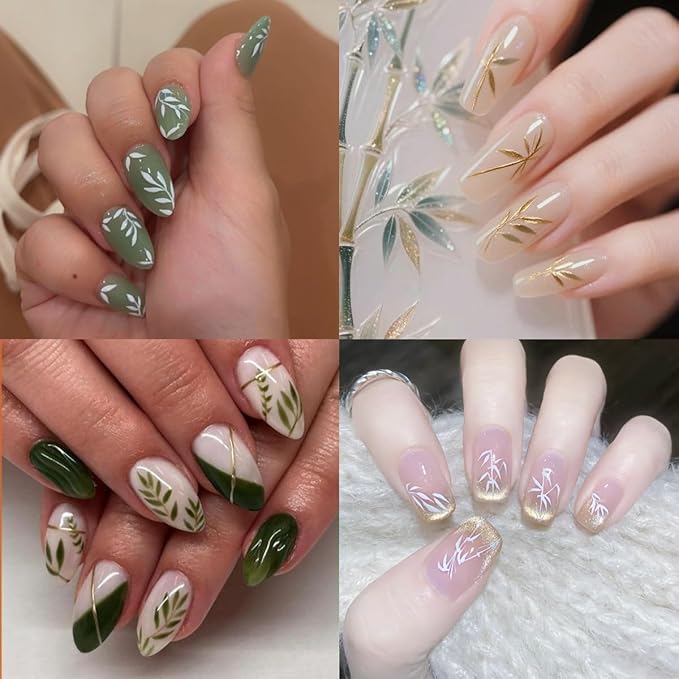 5 Sheets Fall Nail Stickers Colorful Bamboo Leaf Nails Decals 3D Self Adhesive Orange Blue Green Silver Gold Nails Design Autumn Nail Art Stickers Fall Leaves Sticker for Women Manicure Supplies