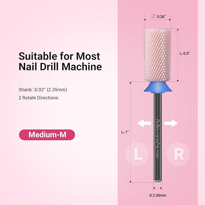MelodySusie Ceramic Nail Drill Bits, 3/32'' Chamfer Flat Top Large Barrel Bits, Fast Remove Acrylic or Hard Gel, Nail Tool for Manicure Pedicure, Salon Home, Professional or Beginner, Pink, Medium