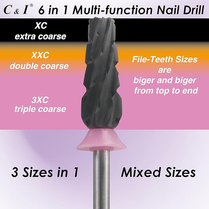 C & I Nail Drill Bit 6 in 1 Multi-function Rounded End E-file, Diamond Coat, CNC Overall Cut Nail Tools for Nail Techs Quick Remove Acrylic Nail Gels & Nail Art (Special Coat, Triple Coarse -3XC)