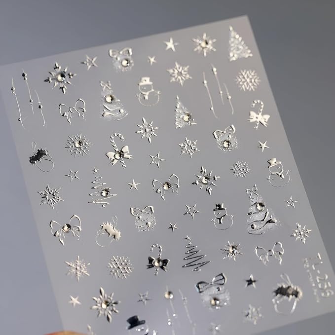 Christmas Nail Art Stickers 5D Embossed Self Adhesive Silver Christmas Nail Stickers with Rhinestone Design Star Xmas Tree Snowflake Nail Decals for Women Girls Nail Supplies Manicure DIY