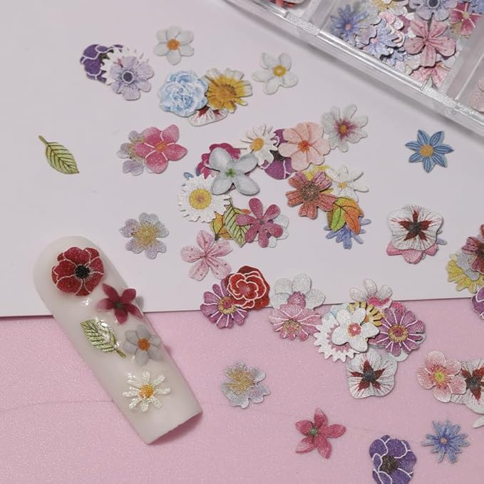 300pcs 3D Flower Nail Art Sequins Decals Colorful Mixed Flowers Leaves Design Slice Nail Flowers Ultra Wood Pulp Flakes Sequins 3