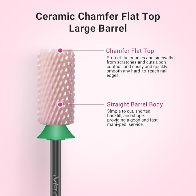 MelodySusie Ceramic Nail Drill Bits, 3/32'' Chamfer Flat Top Large Barrel Bits, Fast Remove Acrylic or Hard Gel, Nail Tool for Manicure Pedicure, Salon Home, Professional or Beginner, Pink, Coarse