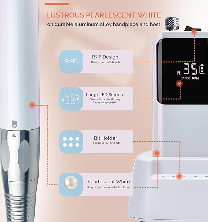Professional Rechargeable Nail Drill 35000 RPM - Cordless Electric Nail File ,Portable Efile for Shaping/Removing/Polishing Gel/Acrylic Nails | Ideal for Home DIY & Salon Manicure Pedicure