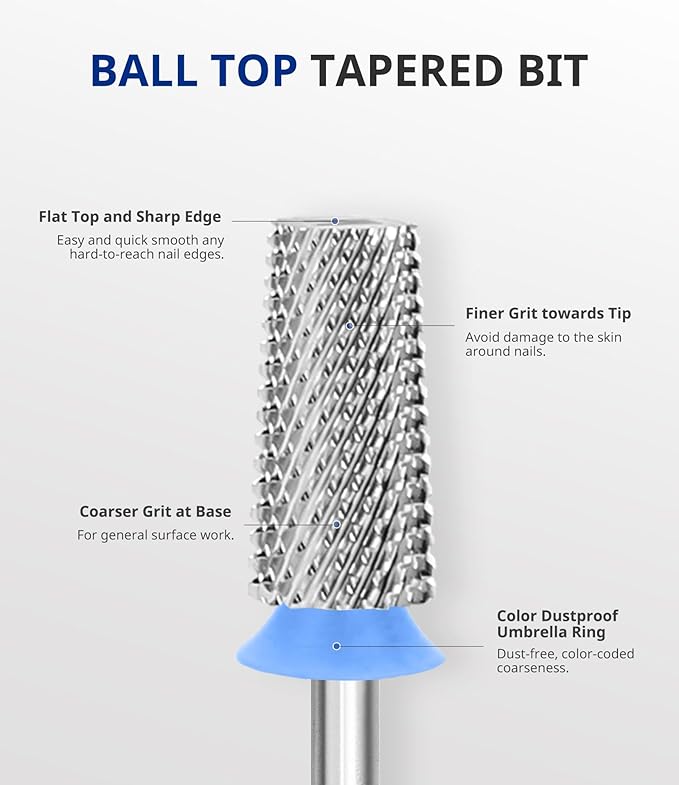 AIRSEE Tungsten Carbide Acrylic Nail Drill Bit Efile Electric File Machine Head Tip for Manicure Polishing Art Remove Gel 3/32" 2 Way Professional Tech Flat Top Tapered Barrel Medium-M