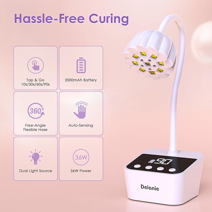 Delanie UV LED Nail Lamp Flash Cure Light - Rechargeable Cordless Gooseneck Nail Curing Light for Gel Polish Glue Extension, White