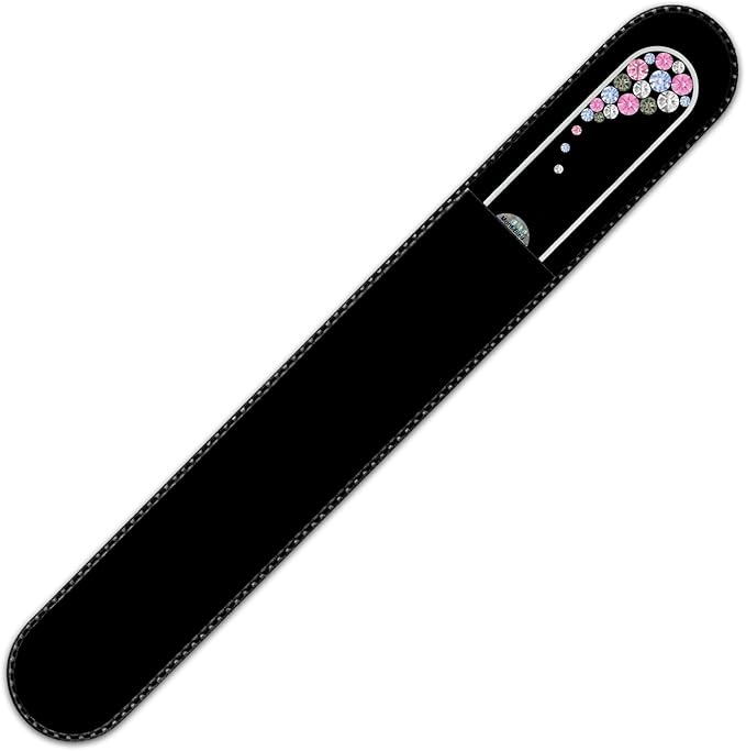Large Size Glass Nail File Hand Decorated with Swarovski Elements, in Black Velvet Sleeve, Genuine Czech Tempered Glass, Hand-Made Crystal Nail File