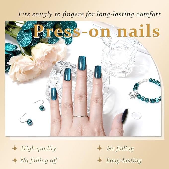 Teal Green Cat Eye Press on Nails Medium Square, Medium Square Press Glue on Nails Chrome for Women Gift, Green Holographic Glitter Glossy Reusable Soft Gel Acrylic Fake Nail with Design Cateye Effect