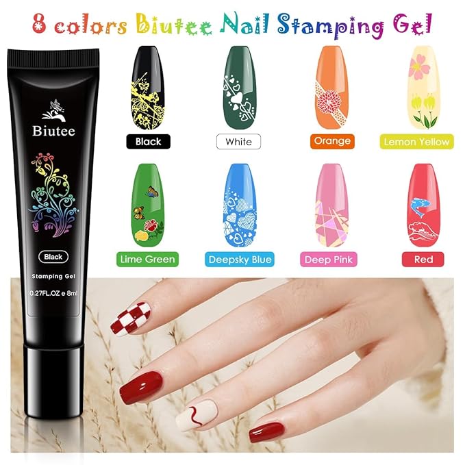 Biutee Nail Stamper Kit 15pcs Nail Art Stamp Plate 8pcs Stamp Gel Polish 1pcs Nail Stamper Scraper Set with Storage Bag, Nail Stamp Template Kit Flower Lace Animal Star Halloween Christmas Design