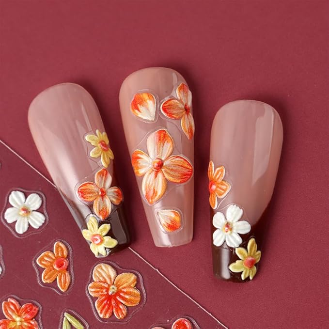 Fall Flowers Nail Art Stickers, Fall Gradient Orange Flower Nail Decals 5d Embossed Small Yellow Flower 2Pcs Nail Art Supplies for Women Nail Decoration