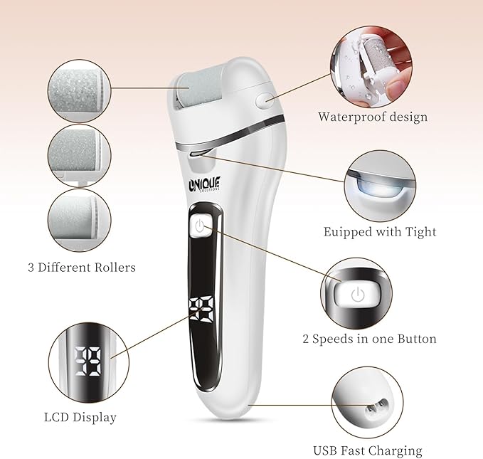 Electric Callus Remover for Feet, Portable Foot Scraper, Rechargeable Calloused Feet Remover Tool, 3 Grinding Heads, Waterproof Electronic Pedicure Foot File