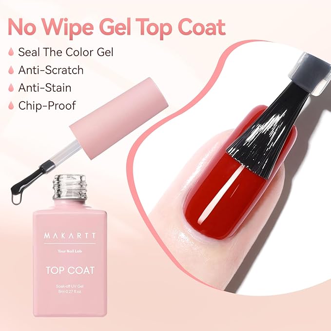 Makartt Gel Top Coat - 2PCS No Wipe Top Coat Gel Nail Polish, Long-Lasting Glossy Finish, Clear Nail Polish, Non-Yellowing, Pink Bottle, Soak Off with UV/LED Lamp, DIY Manicure Gift for Women