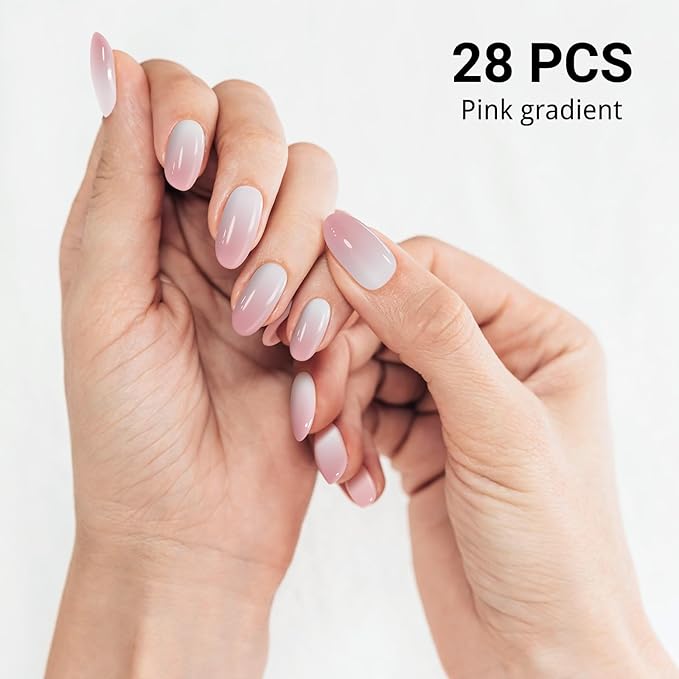Semi Cured Gel Nail Strips, Pink Gradient | 28pcs Real Polish Art Stickers/Wraps, Includes Prep Pads, File & Wood Stick, for Women Girls Kids DIY Gift