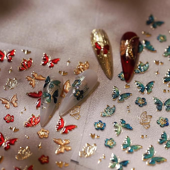 5D Butterfly Nail Art Sticker Decals Crystal Soft Self Adhesive Embossed Spring Nail Stickers Design Gold Red Green Butterfly Nail Decals Supplies Accessories 2 Sheet