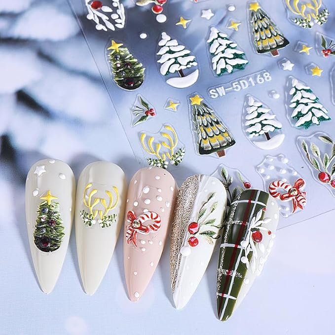 Christmas Nail Stickers 5D Embossed Christmas Tree Nail Art Stickers Winter Santa Claus Nail Decals Self Adhesive Xmas Nail Design Sticker Cute Nails Decoration for Women Manicure Accessories 2Pcs