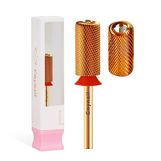 3/32" Large Barrel Crystal Top Tungsten Carbide Nail Drill Bit Safety Bit for Gel & Acrylic Removal, 2-Way Rotating Efile Tip, Salon Electric File Accessory (F Grit, Ti-Gold)
