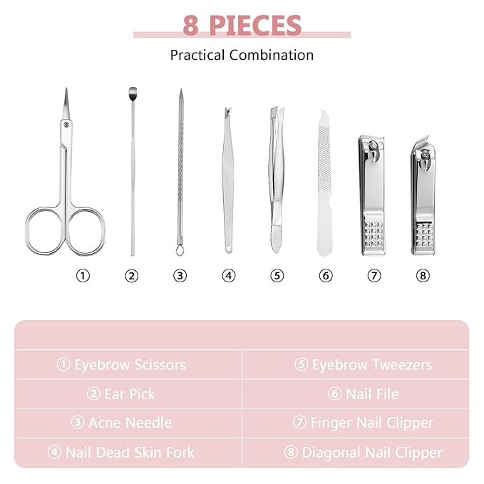 Lasnten 24 Set Christmas Manicure Set Bulk Nail Clippers Grooming Nail Kit Stainless Steel Professional Pedicure Kit Pedicure Tools with Travel Case Gifts for Xmas Men Women(8 in 1,Shiny Pink)