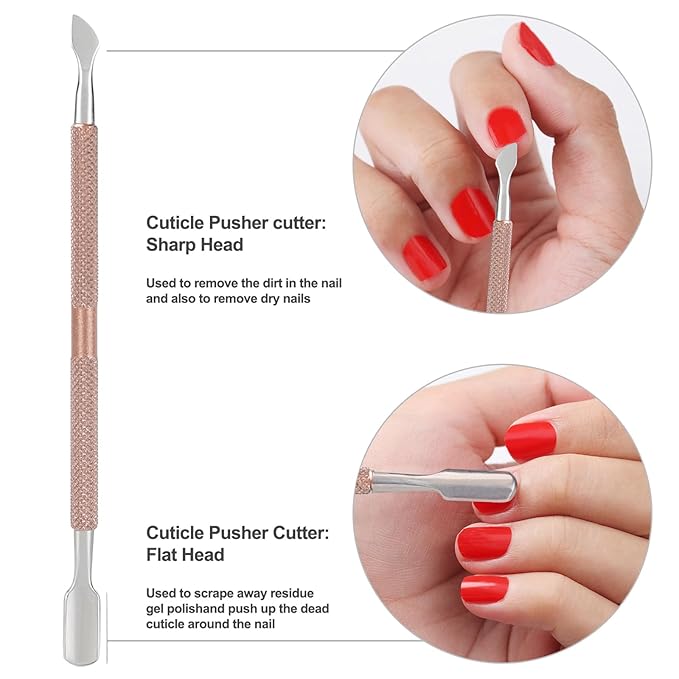 2PCS Cuticle Pusher and Cutter with Storage Case,Professional Cuticle Pusher Nail Polish Remover Stainless Steel Manicure Tool Set,Durable Pedicure Manicure Tools for Fingernails Toenails (Rose-Gold)
