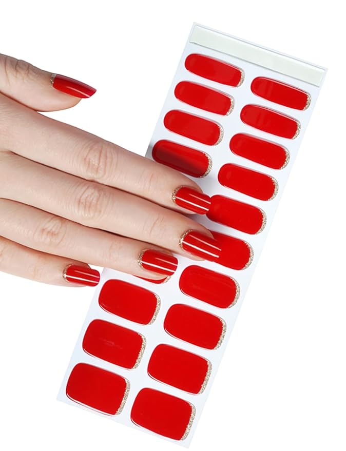 Semi Cured Gel Nail Strips, 20pcs UV Nail Wraps for Home Nails DIY (Red Glitter)