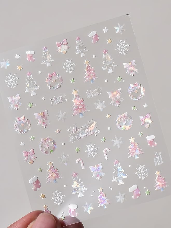 SoftSoul Pink Christmas Nail Stickers - 5D Embossed, Premium Salon-Quality, Easy Application, Self-Adhesive Xmas Tree Lights Decals for DIY Manicure Nail Art, Press on, Home or Salon Use