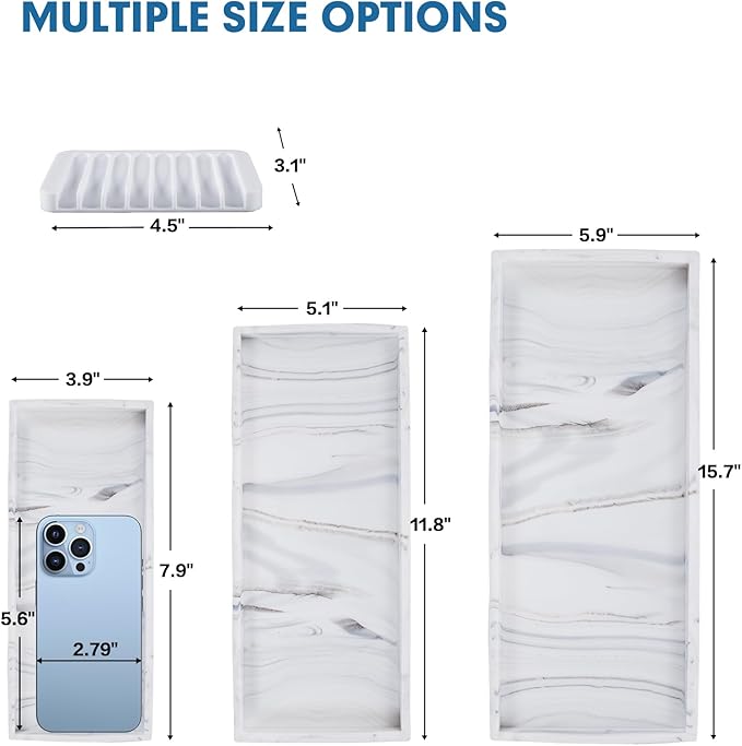 Bloss Counter Marble Tray and Soap Holder - 15.7" Silicone Bathroom Vanity Trays for Kitchen Counter, Toilet Tank Tray, Great Storage Trays for Perfume, Jewelry,Candle, Key