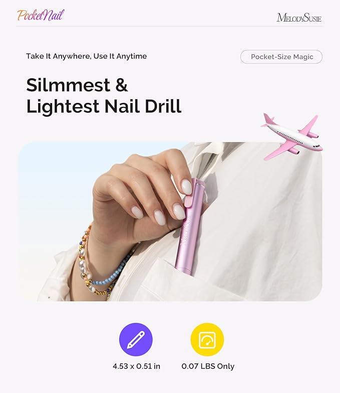MelodySusie PocketNail Slim Ergonomic Pen-Shaped USB Nail Drill, PC100G 20000RPM Portable Electric File for All Manicure, Pedicure Nail Care, Shaping & Gel Removal at Home for Beginners