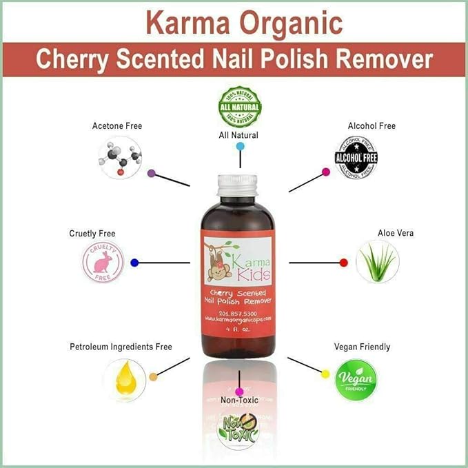 Karma Organic Nail Polish Remover Cherry Scented for Kids – Clean Beauty, Vegan, Cruelty Free, Acetone Free – Nails Strengthener for Fingernails – 4 fl. Oz.