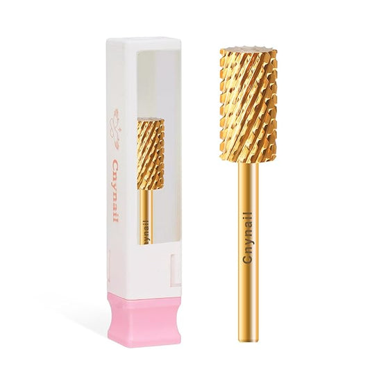 3/32" Large Barrel Flat Top Tungsten Carbide Nail Drill Bit Safety Bit for Gel & Acrylic Removal, 2-Way Rotating Efile Tip, Salon Electric File Accessory (2XC Grit, Gold)