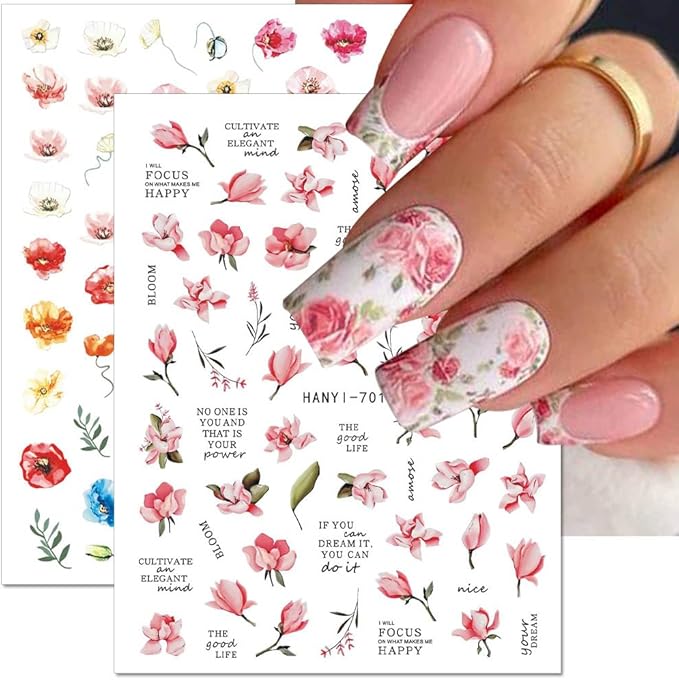 Dornail 8 Sheets 3D Flower Nail Stickers - Spring & Summer Colorful Floral Nail Art Stickers with Blooming Florals & Leaf Designs for DIY Nail Decorations