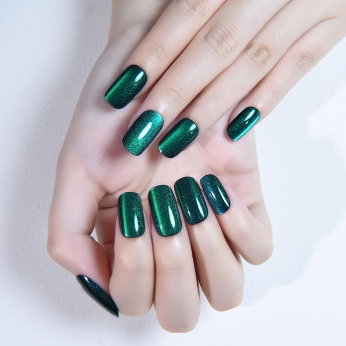 Green Cat Eye Press on Nails Medium Square, Medium Square Press Glue on Nails Chrome for Women Gift, Green Holographic Glitter Glossy Reusable Soft Gel Acrylic Fake Nail with Designs Cateye Effect
