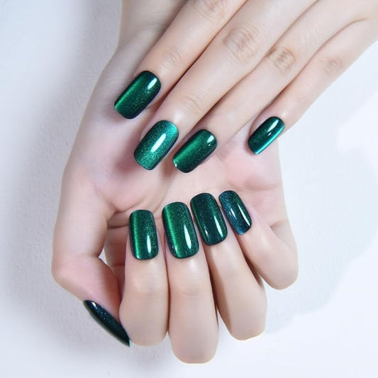 Green Cat Eye Press on Nails Medium Square, Medium Square Press Glue on Nails Chrome for Women Gift, Green Holographic Glitter Glossy Reusable Soft Gel Acrylic Fake Nail with Designs Cateye Effect