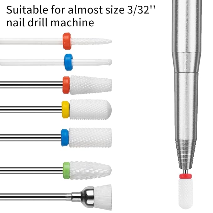 7pcs Ceramic Nail Drill Bits Set, 3/32'' (2.35mm) Drill Bit for Electric Manicure Pedicure Nail Drill Machine