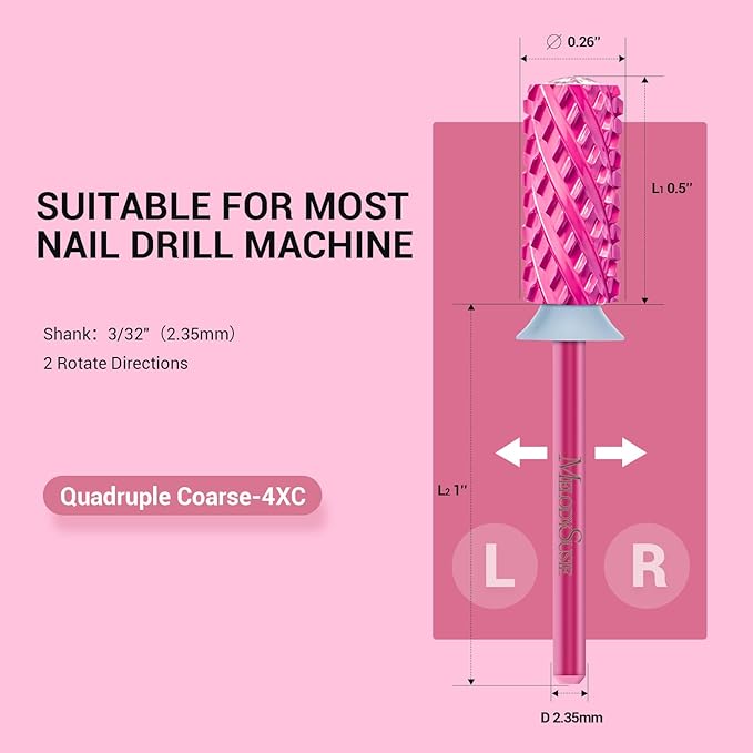 MelodySusie Large Barrel 3/32'' Tungsten Carbide Nail Drill Bit, Crystal Top Pink Heart Shape, Fast Remove Acrylic Gel, Cuticle Gel Polishing for Manicure Pedicure, Pink Blossom, Series Bit-S, 4XC
