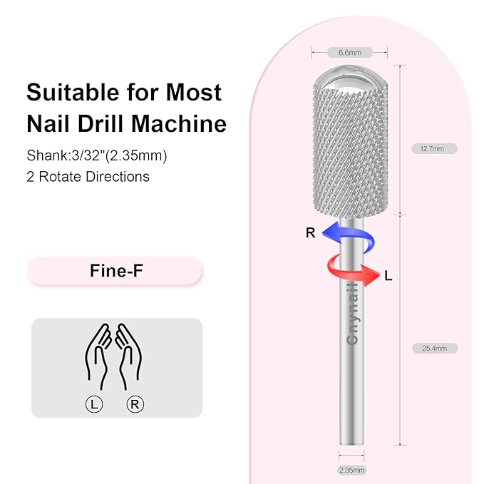 3/32" Large Barrel Smooth Round Top Tungsten Carbide Nail Drill Bit Safety Bit for Gel & Acrylic Removal, 2-Way Rotating Efile Tip, Salon Electric File Accessory (F Grit, Silver)