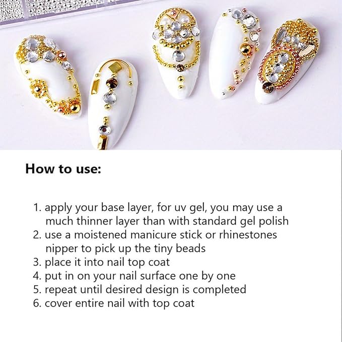 0.8mm Caviar Beads for Nails 6 Sizes Mini Small Stainless Steel Nails Art Decorations Gun Grey Beads DIY Tool Studs Accessories Gold Charms for Nails Small Gems Variety Pack(Yellow)