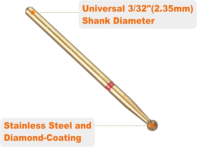 HARFINGTON 6pcs 200-230 Grits Diamond Grinding Bit 2.3mm Ball Head 2.35mm Shank 2.3mm Length Titanium Plated Stone Sanding Drill Bits Rotary Tool for Nails Grinding Polishing