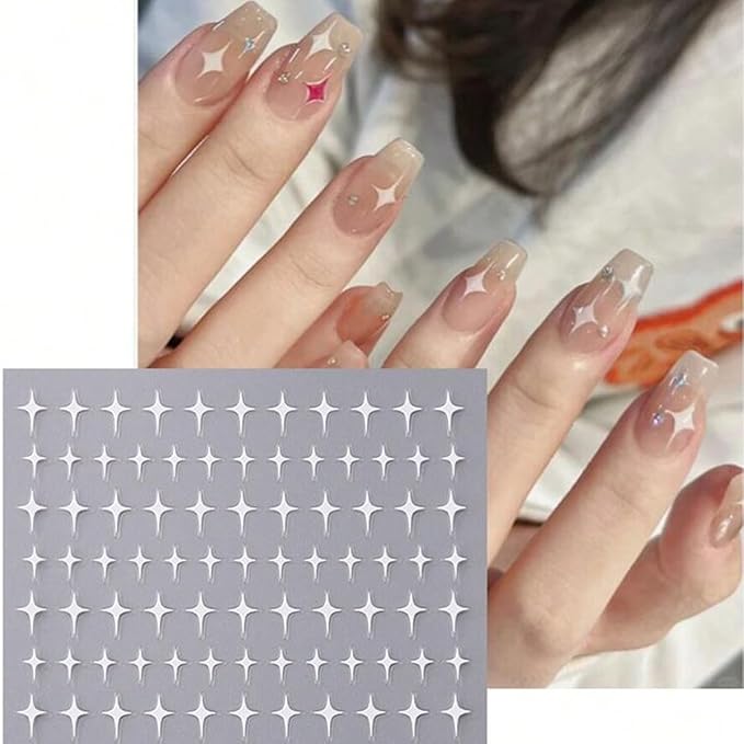 8Sheets Shiny Glossychic Stars Nail Stickers 3D Glitter Gold Black White Starshine Cross Rhinestones Silver Star Design Self-Adhesive Decals Luxury 5D Nail Art Stickers Star Charms Nail Decoration