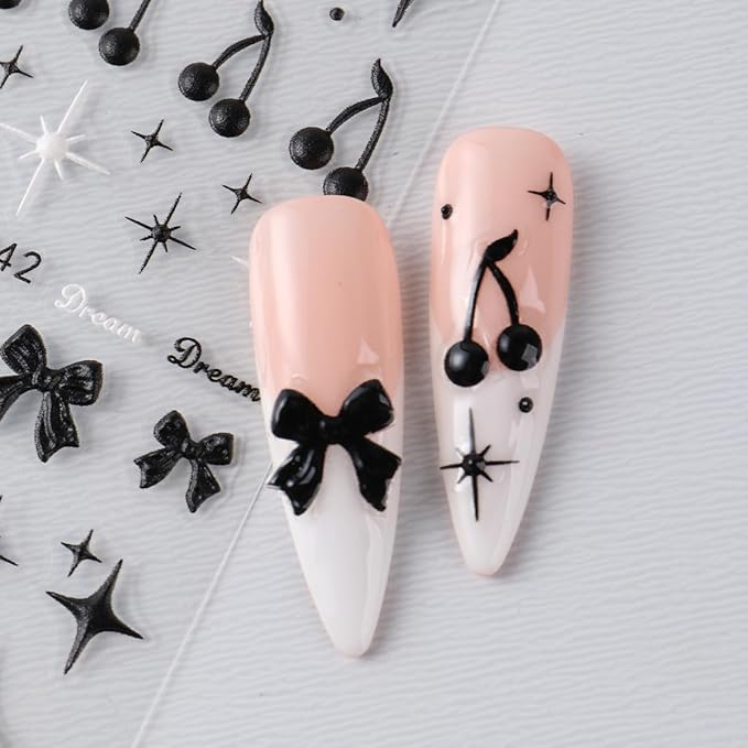 3 Sheets Goth Nail Stickers for Nail Art 5D Punk Style Black Bow Nail Art Stickers Black Star Cherry Nail Decals Self-Adhesive Nails Supplies Dark Style Star Bow Nail Decoration for Women DIY Manicure